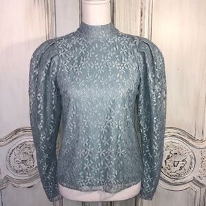 WAYF Lovely Blue Lace Overlay Puffed Long Sleeve Pullover Back Keyhole Blouse
